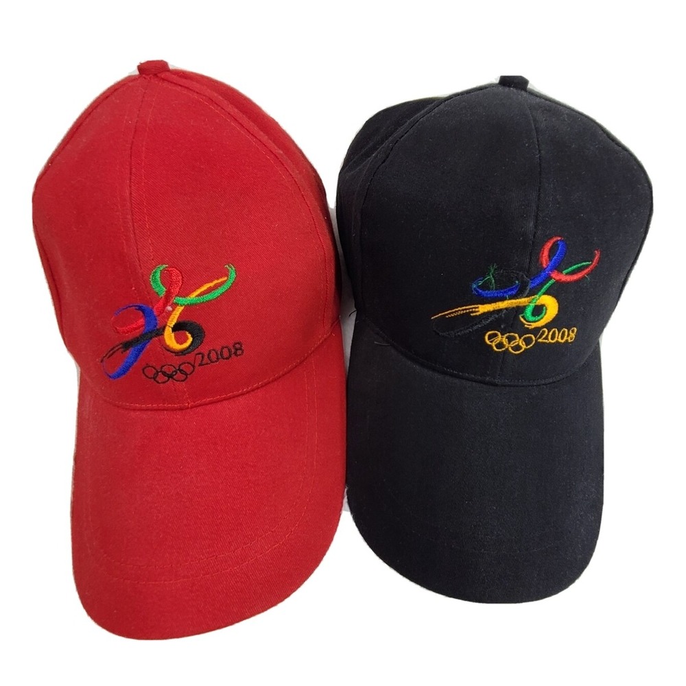 Two Beijing 2008 Olympic Hats One Black One Red Baseball Caps Set